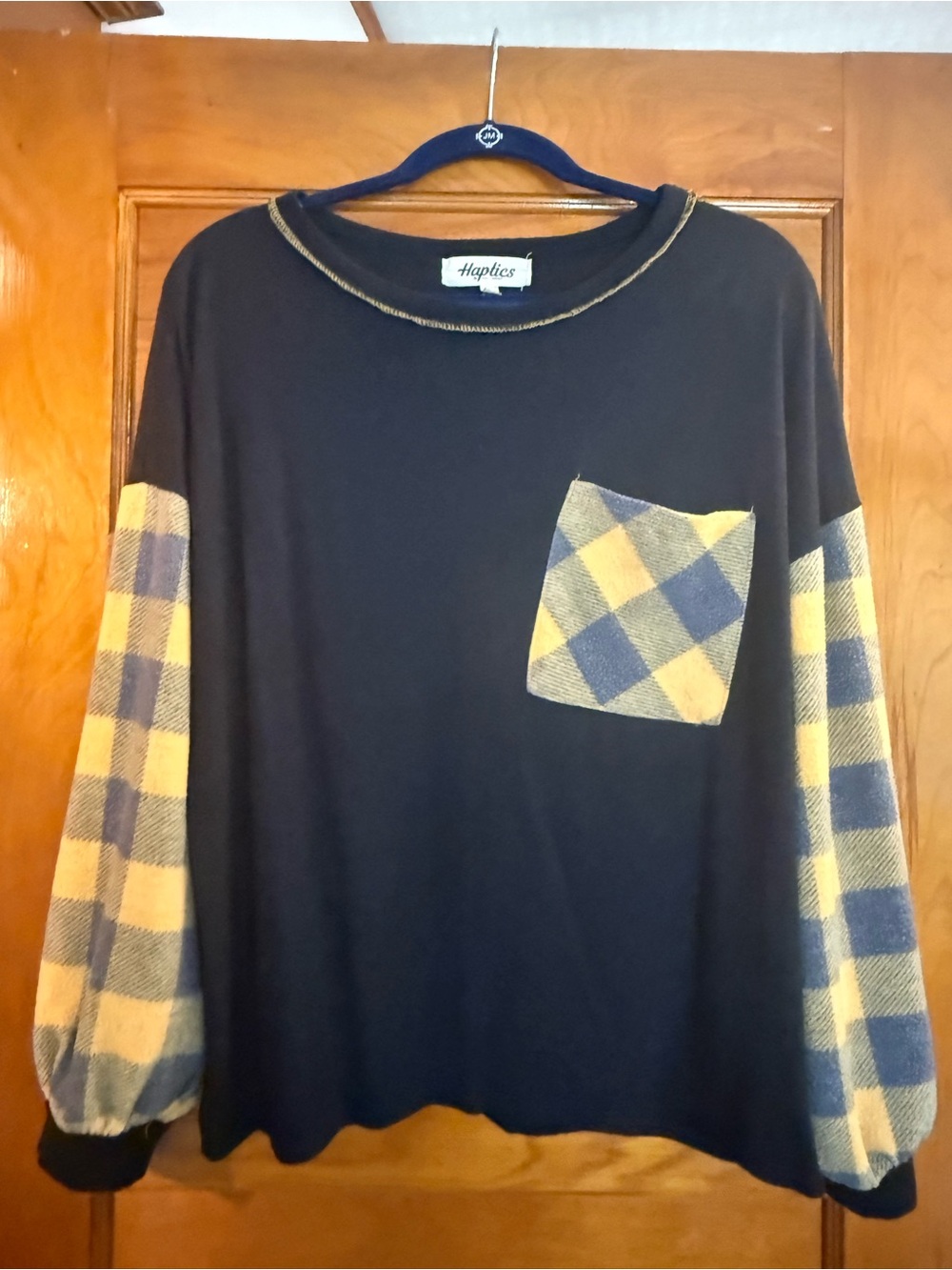 Haptics Women’s Black Blouse with Yellow Plaid Sleeves & Pocket